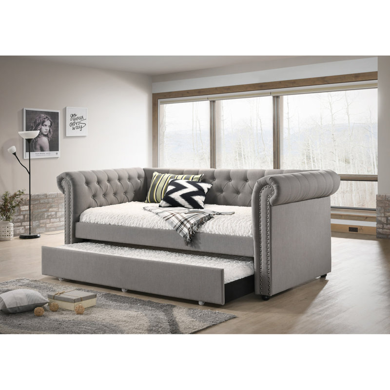 Luxurious 1Pc Modern Aesthetic Beautifully Button Tufted Nailhead Trim Design Daybed Built-In Pull-Out Trundle Bed Living Space Guest Room Bedroom