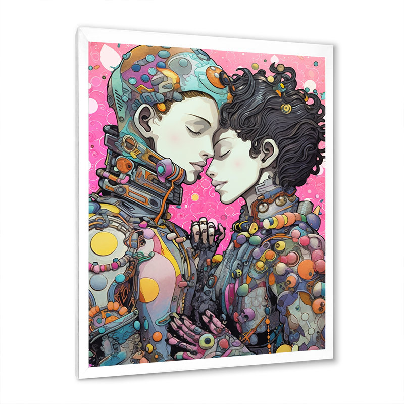 Charmants Robots célébrant l'amour rétro I - impression, H 44 po x l 34 po x P 1,5 po, Cadre simple blanc