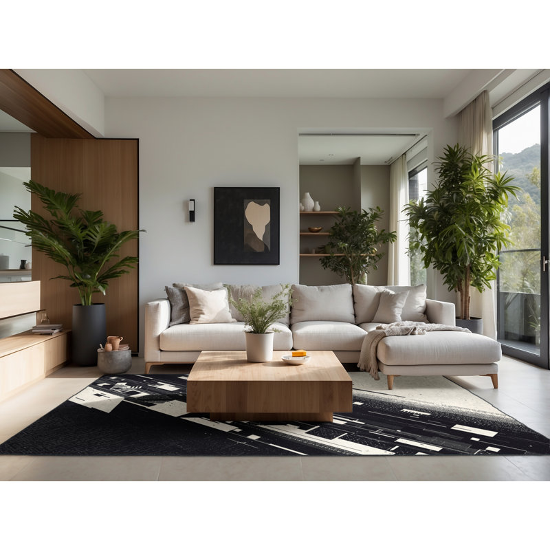 Soft Plush Eakes Modern Geometric Area Rug in Gray – Black Binding, 7' Round