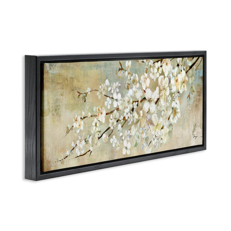 Peinture d'une branche d'arbre en fleurs, H 11 po x l 25 po, Cadre flottant noir de jais
