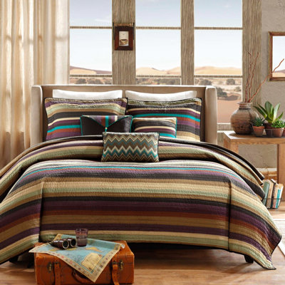 Twin/Twin Xl Reversible Quilt , Microfiber, Purple Teal Earth Tones Mesh, Stripe Zig Zag Pillows For Decorative Use, And Zag, Mesh With Thin Striping Multi - Color Pillow Earthy Design