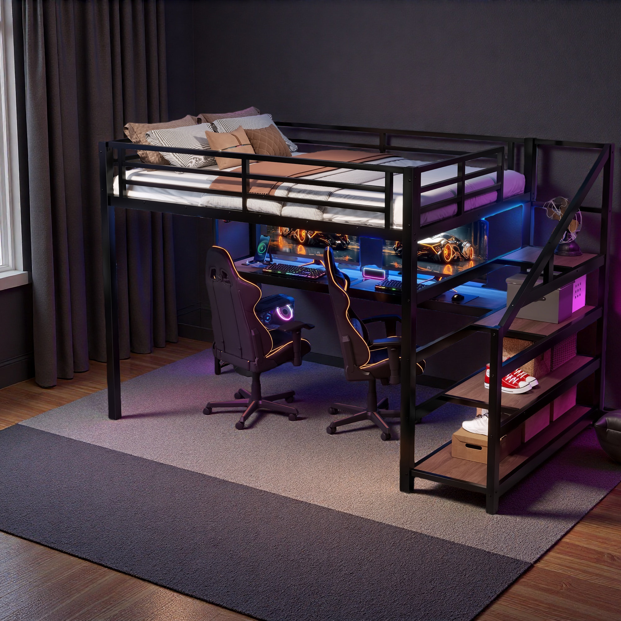 Harriet Bee Full Loft Bed With Desk And Storage Stairs, Metal Loft Beds ...