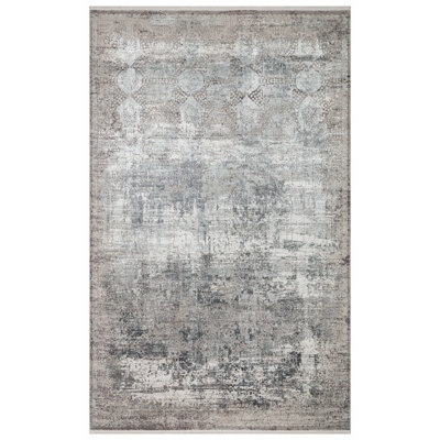Tapis luxueux tissé à la machine, crème et gris, 7,9 x 11,2 pieds | 100% viscose / acrylique, hauteur des poils: 0,3 pouce | 3500 grammes / mètre carré | Durable, facile à nettoyer, parfait pour le décor du salon et de la chambre à coucher