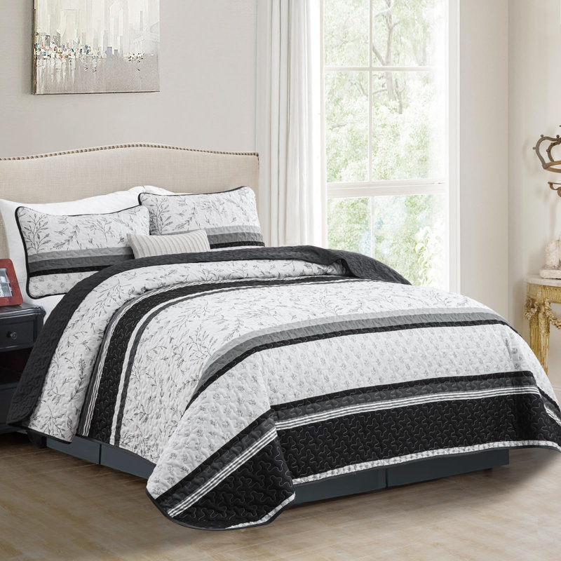Ensemble de courtepointe rayée 3 pièces Boho Patchwork, Courtepointe pour lit grand + deux taies décorati, Noir