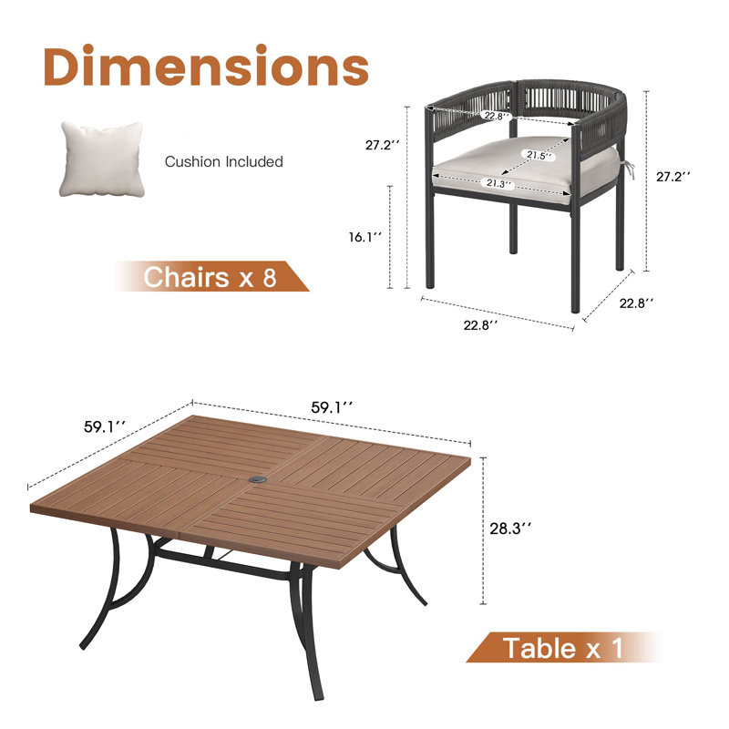 Ensemble de salle à manger carré pour patio 8 personnes avec table de 150 cm et 8 chaises en rotin avec coussins et oreillers