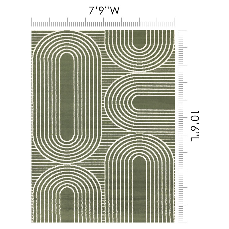 Fresno Green Cream Curves High-Traffic Area Rug, Rectangle 7'9" x 10'6"