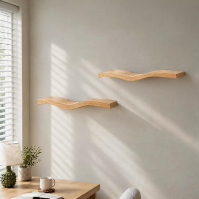 Wavy Floating Wall Shelves Natural Solid Wood Wave Shape