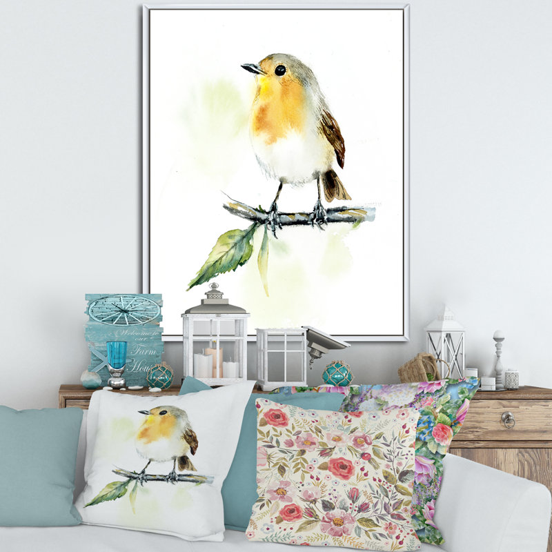 Petit oiseau sur une branche - peinture sur toile, H 20 po x l 12 po x p 1 po, Toile blanche encadrée