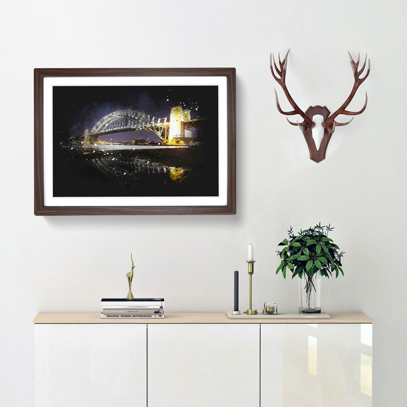 Sydney Harbour Bridge Australia - Picture Frame Graphic Art Print, 62cm H x 87cm W x 2cm D, Walnut Framed