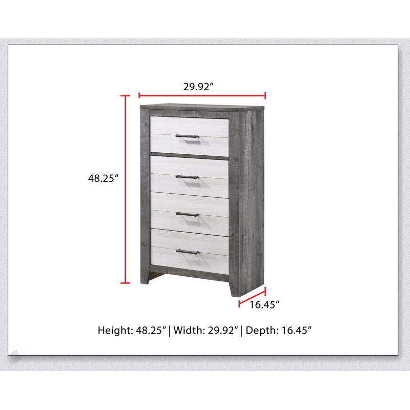 Commode de chevet de style campagnard avec finition deux tons, quatre tiroirs spacieux et poignées en métal pour un rangement moderne