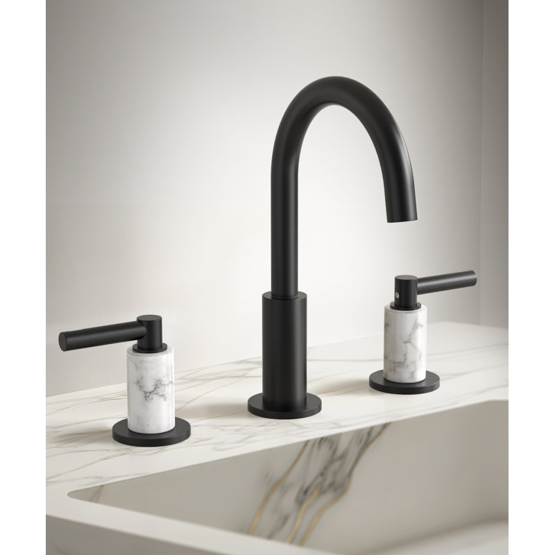Robinet de lavabo de salle de bain noir 8 po KES avec boyau d'alimentation et 2 poignées avec ensemble de bonde, Noir mat