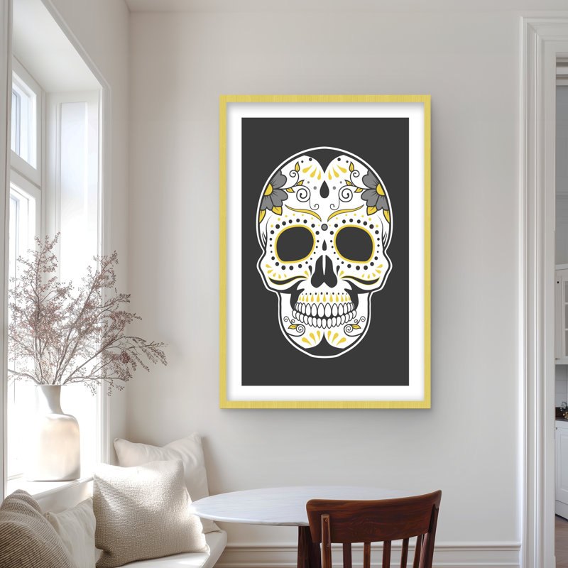 Tête de mort mexicain, reproduction encadrée pour la décoration intérieure, Doré