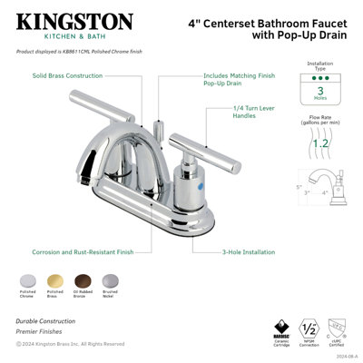 Robinet de salle de bain central à 4 poignées à 3 trous avec bonde escamotable Kingston Brass Kingston