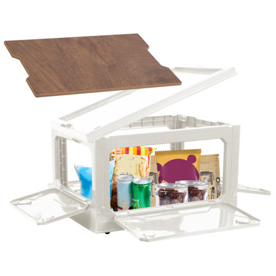Folding Storage Bin Camping Collapsible Organizer Box Stackable Grocery Container Shelf Baskets with Cutting Board Top Lid 4 Side Lockable Doors Wheel