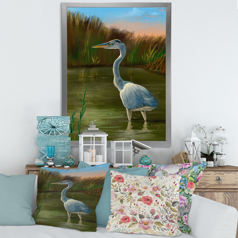 «Blue Heron Wetland Bird», cadre photo, impression sur toile, H 20 po x l 12 po x P 1po, Encadrement argenté