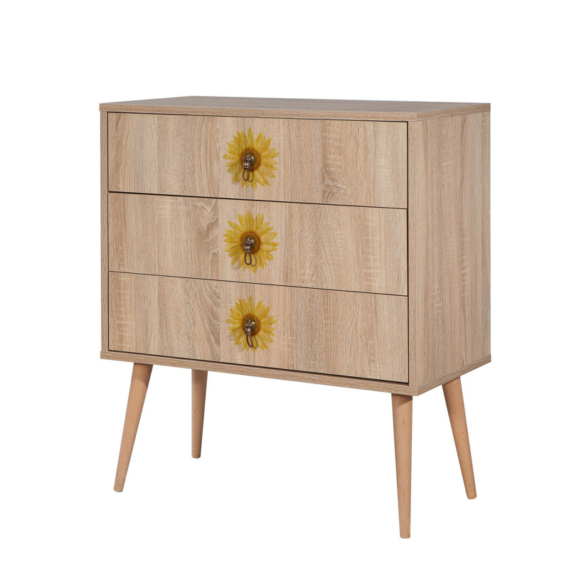 Modern Dresser with Wooden Legs, 31.5 x 35.0 x 15.7 inches | 100% Melamine Coated Particle Board, UV Digital Printing | Numerous Shelves, Wall-Mountable, Extra Storage | Stylish Flower Design for Contemporary Homes