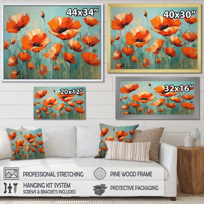 Jade Joy Whispers Of Poppies - Art mural sur toile coquelicots, H 34 po x l 44 po x P 1,5 po, Cadre flottant noir