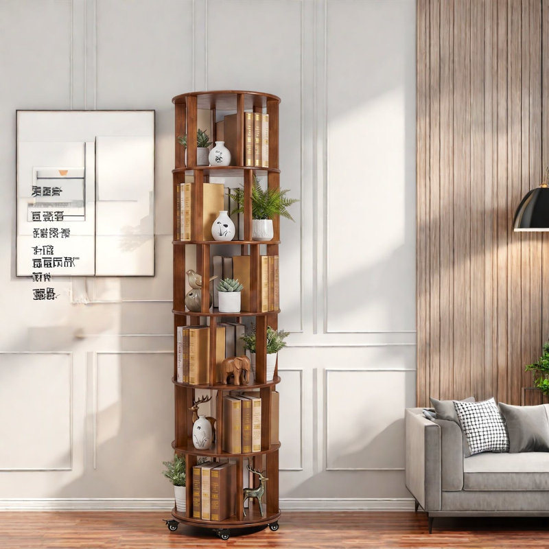 Bibliothèques rotatives, rangement mobile à 6 niveaux en bois massif pour petite maison