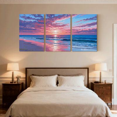 Nautique et plage, coucher de soleil, océan, vagues, plage, reflets, ensemble de 3 impressions sur toile