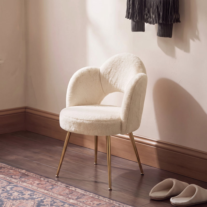 Tabouret de coiffeuse avec dossier en fourrure et pieds dorés, Black with Wheels