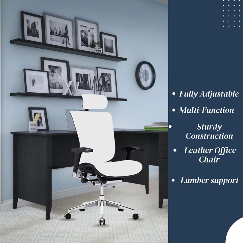 Gm Seating Dreem Executive Office Chair With Seat Slide, Genuine Leather, Aluminum Base High Back Executive Chair - White