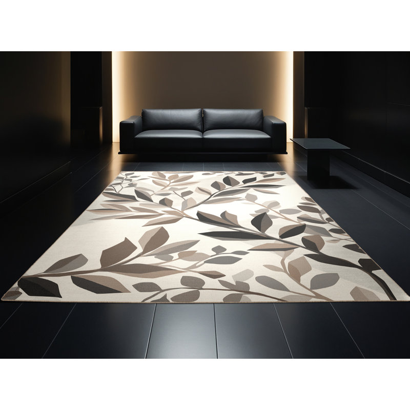 Machine Washable Ottwell Olive Branch Coastal Geometric Rug in Beige – Beige Binding, 6x9