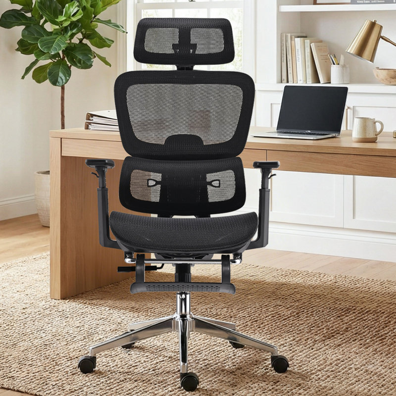 Ergonomic Office Chair, Home Mesh Desk Computer Chair, Comfortable Gaming Chair With Footrest, Wheels, Adjustable 2D Headrest, Lumbar Support, High Back And 3D Armrest, Black