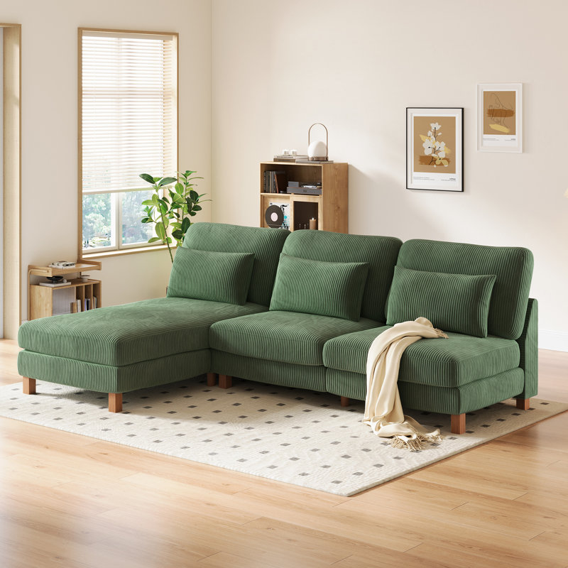 4 Seater Corduroy Sofa & Chaise, Green