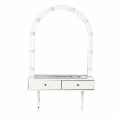 Floating Makeup Vanity Desk with Mirror & 3-Color Lights, Wall Dressing Table with Power Outlet, Compact vanity, Large Storage, White