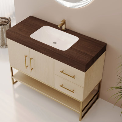 Meuble-lavabo de 36 pouces avec pieds en acier inoxydable ornés d'or, plateau en pierre frittée et beaucoup d'espace de rangement pour une finition moderne de 36 po à deux niveaux