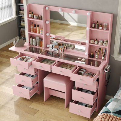 Makeup Vanity With Mirror, Vanity Desk With Power Outle,  Makeup Vanity With Lights, 3 Lighting Modes Adjustable, Makeup Table With Fold-Up Panel, 9 Drawers Vanity Set