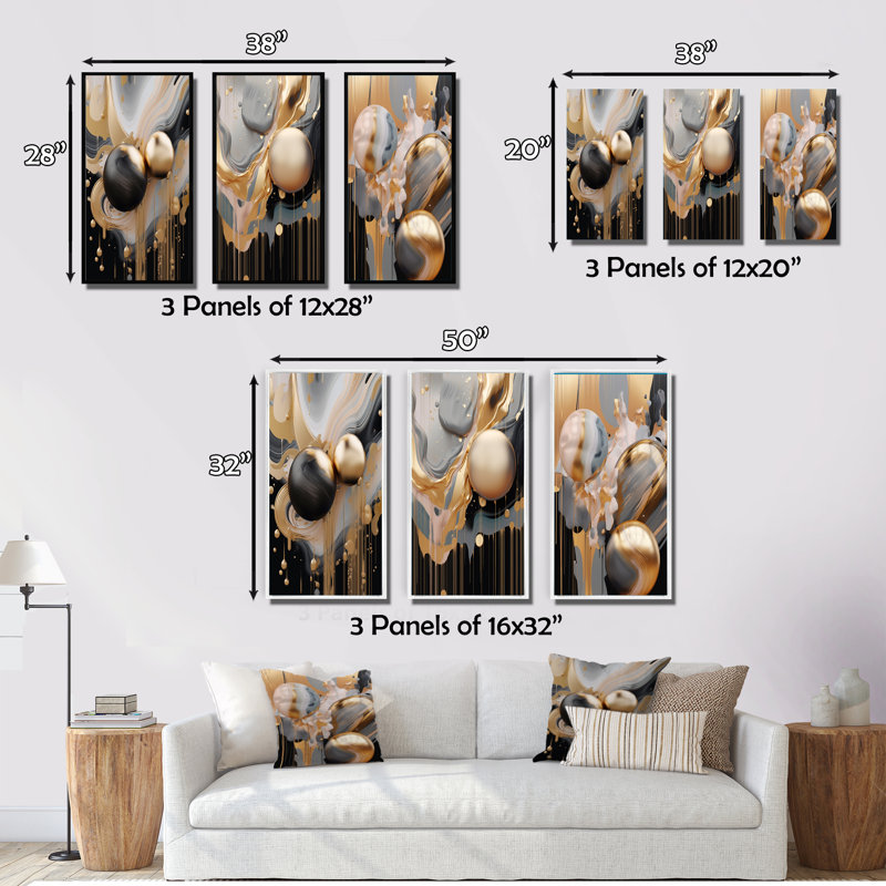 «Gold and Black Mystic Mûlange», 3 pièces sur toile, Toile tendue, H 40 po x l 60 po