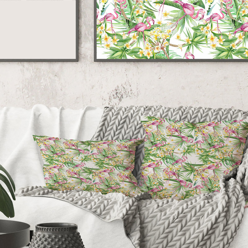Housse de coussin rectangulaire avec feuillage tropical, fleurs avec flamant II