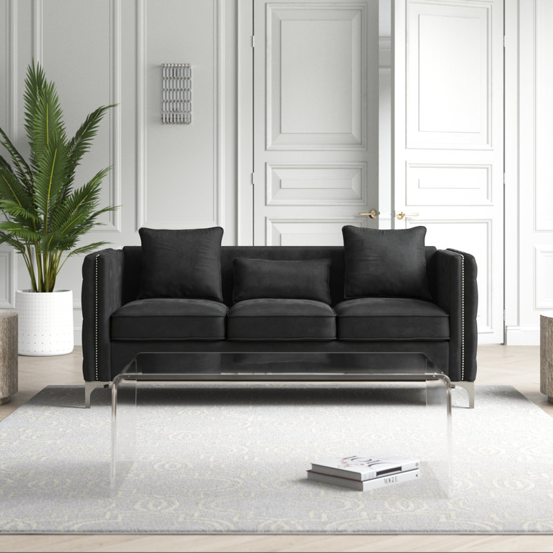 Espanola Hamerton Velvet Square Arm Sofa, Black, 73"