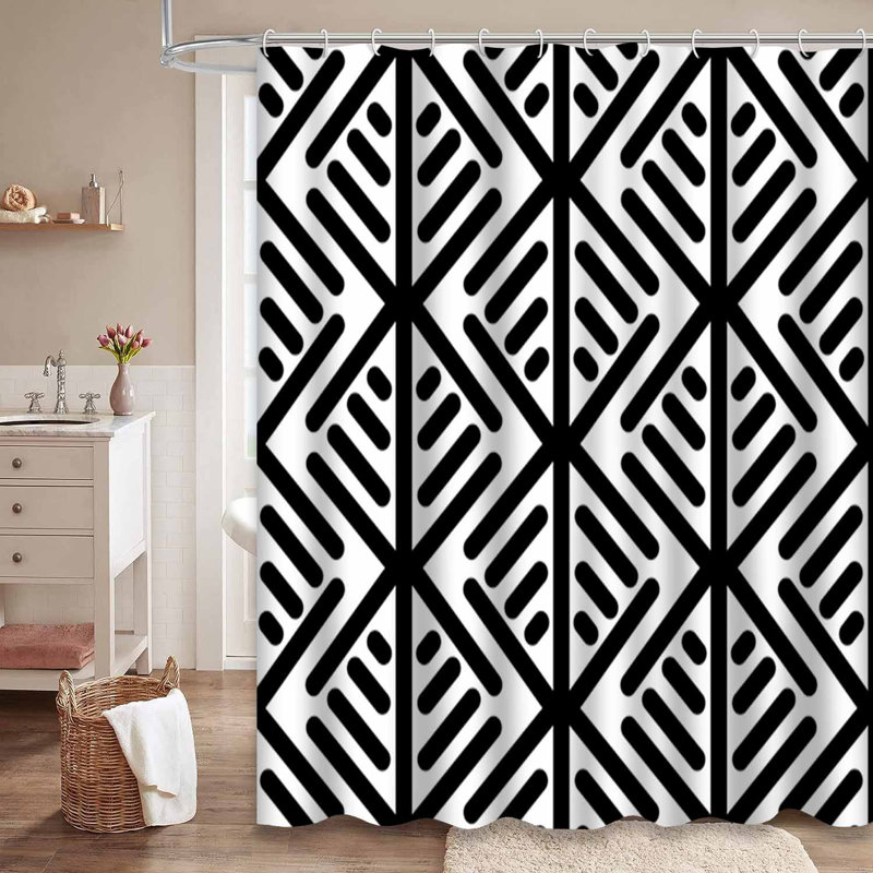 Rideau de douche noir à motifs géométriques noirs avec 12 crochets, L 72 po x l 72 po