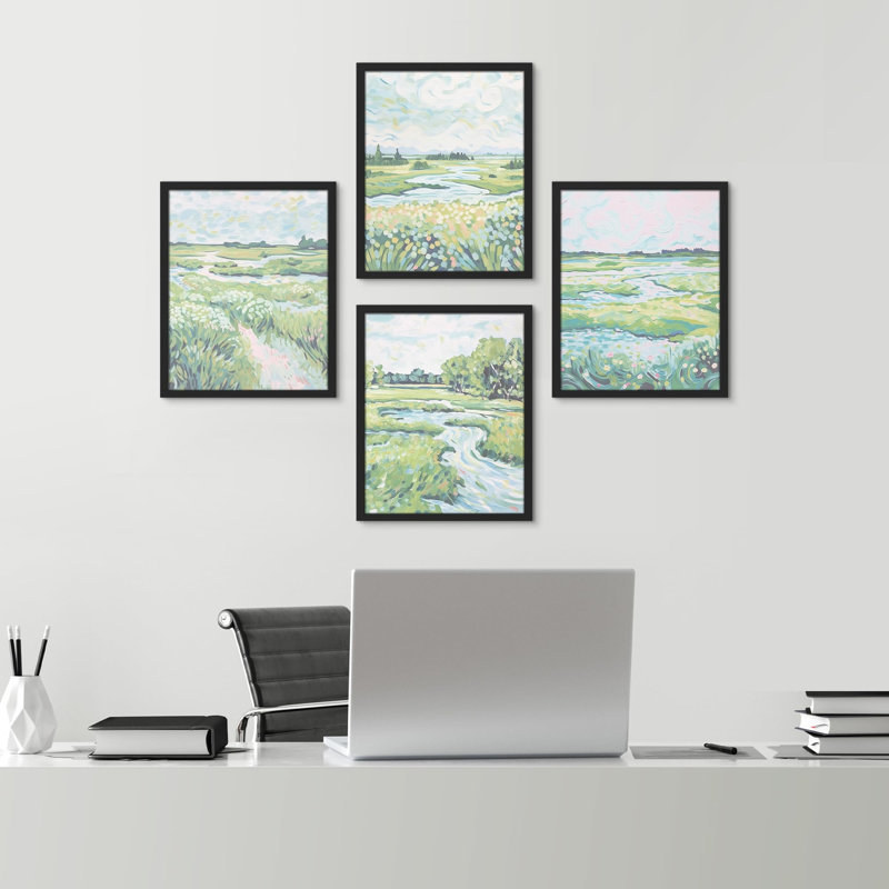 " Calming Landscape Paintings " 4 - Pieces, 14" H x 11" W, Black