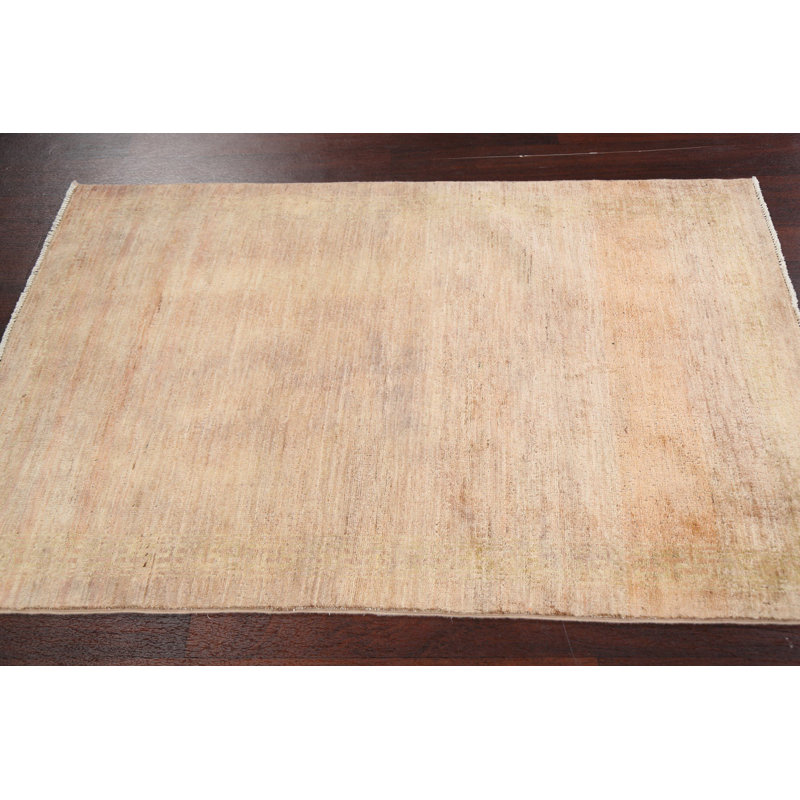Tapis beige en laine noué à la main de conception unique 3 pi 2 po x 4 pi 11 po New Age