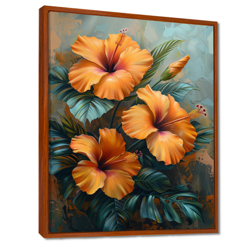 Décoration murale orange, vert et vibrant - Hibiscus, Cadre flottant brun, H 12 po x l 20 po