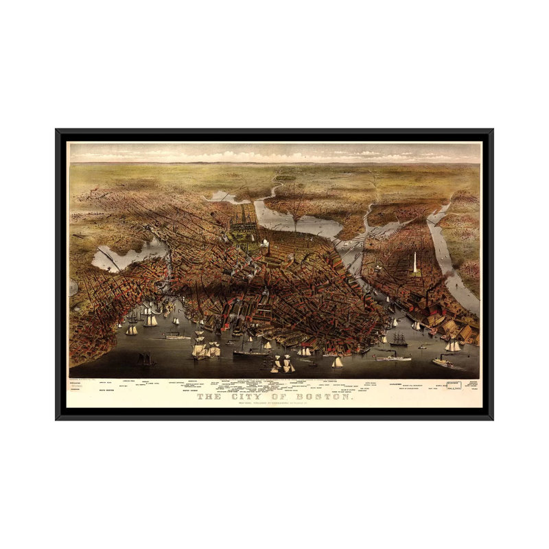 « boston map, 1873 », impression sur toile, H 18 po x l 26 po x P 1,5 po, Toile avec cadre noir, Pas de tapis