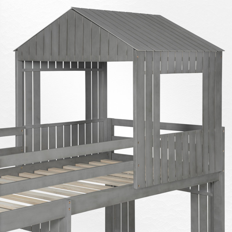L - Shape Twin Over Full Bunk Bed, Antique Gray