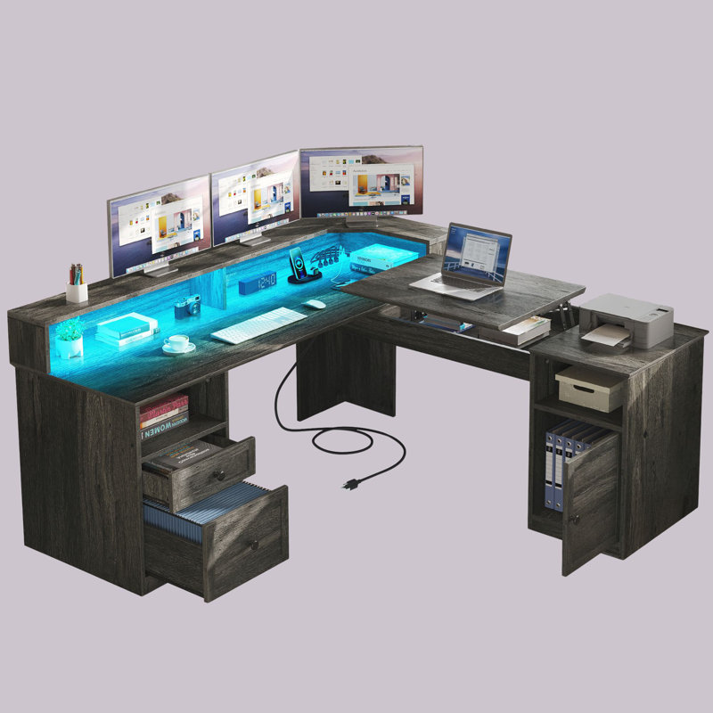 Wade Logan 59'' L-Shaped Adjustable Lift Top Desk with LED Lights & Power Outlets, Black