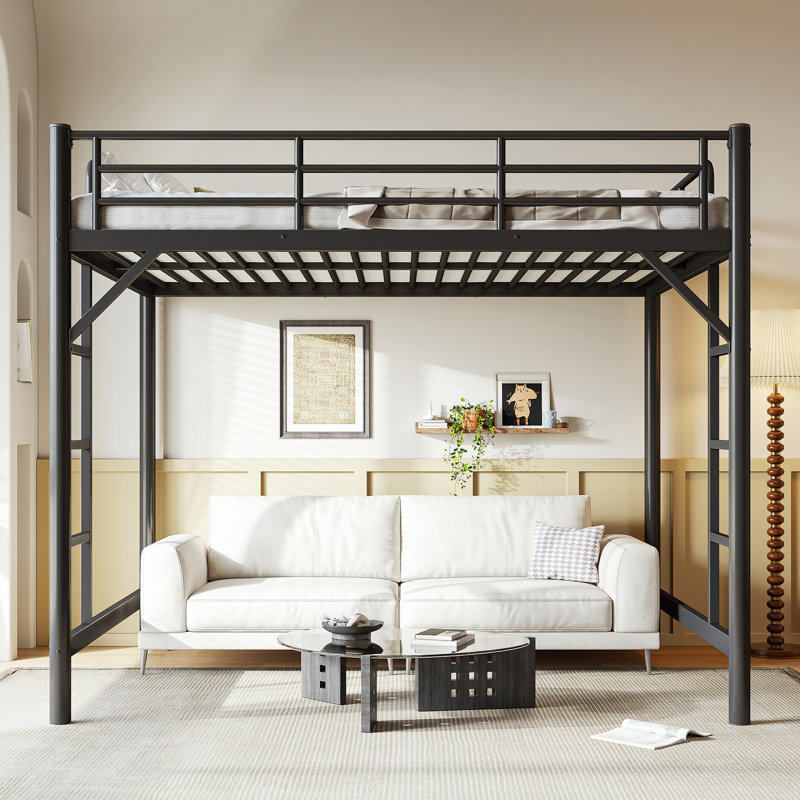 Grand lit mezzanine en métal avec échelle, garde-corps et rangement sous le lit, lit mezzanine peu encombrant en fer pour chambre à coucher, noir