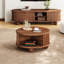 Table basse ronde cannelée avec rangement, bois de pin massif, porte coulissante, design compact, finition noyer-129227929