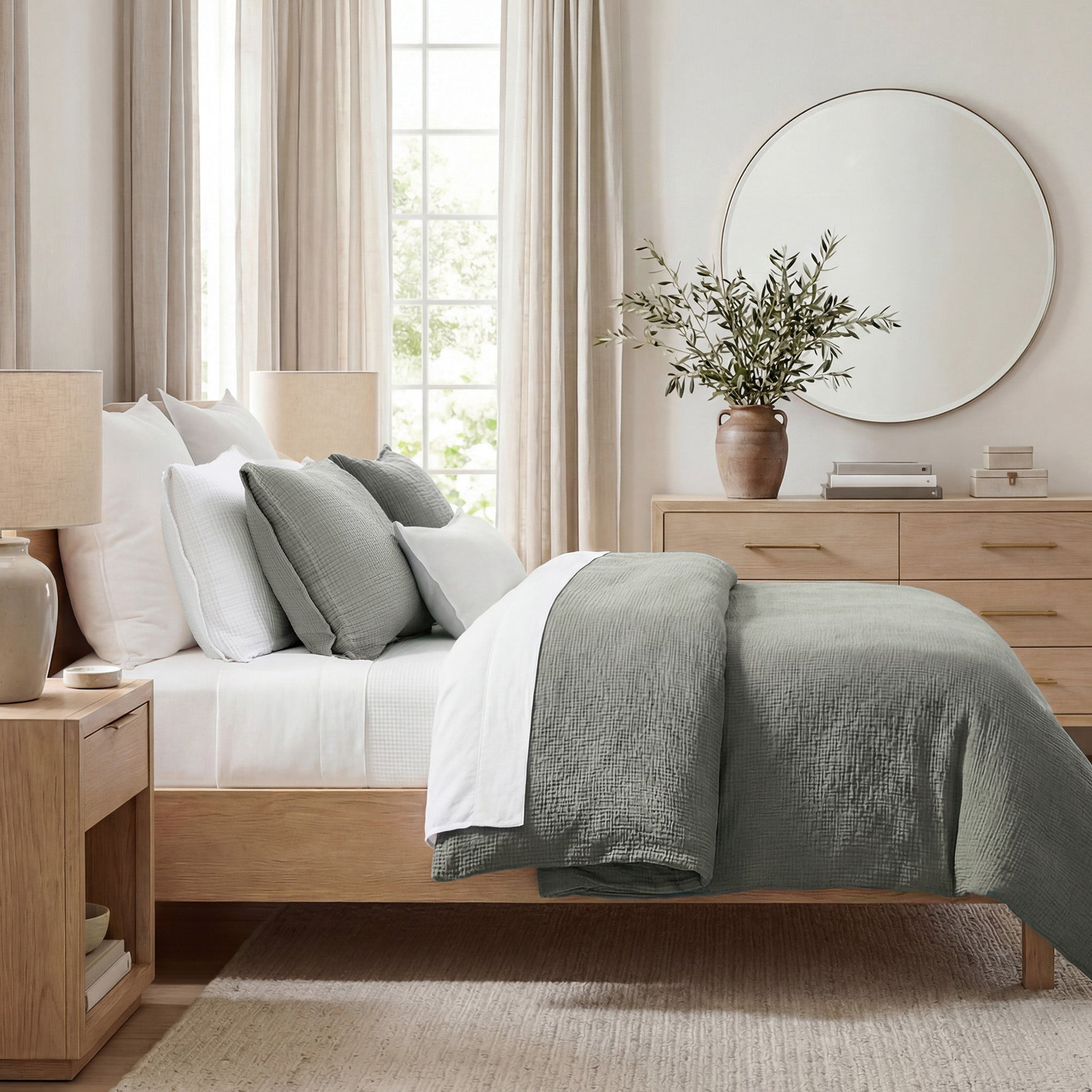 Cotton Comforter Set, King Comforter + 2 King Shams, Sage