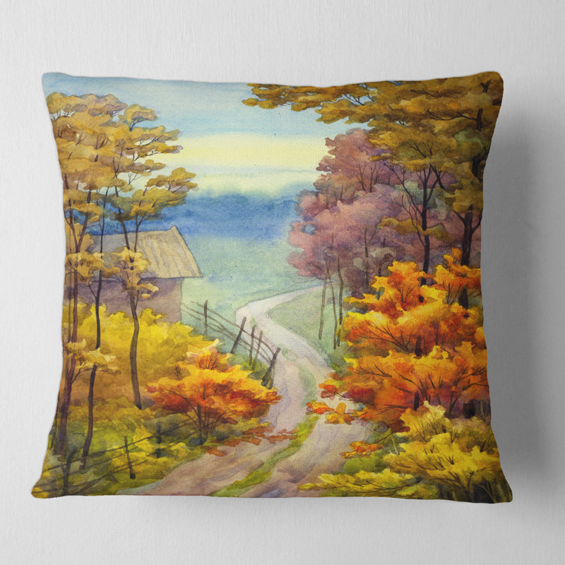 Housse de coussin et insert carré Little Road in Vibrant Autumn Scene, 16" x 16"