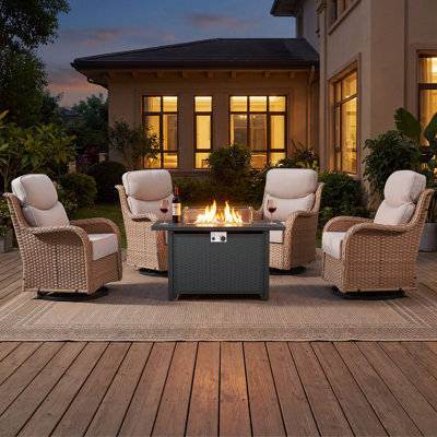Luxury 5-Piece Outdoor Wicker Patio Furniture Set with Propane Fire Pit Table, 6-inch Ultra-Thick Cushions, 4 Swivel Rocker Chairs for Backyard & Lawn