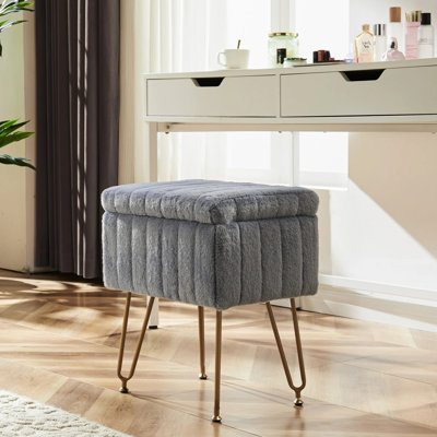 Small Vanity Stool Chair with Storage, Faux Fur Soft Ottoman with Metal Legs Makeup Footstools for Bedroom