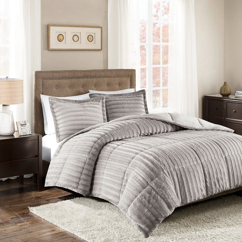 Full/Queen Faux Fur Comforter - Grey, , Energizing Sleep With Shams Mini , Grey Matching, Gray