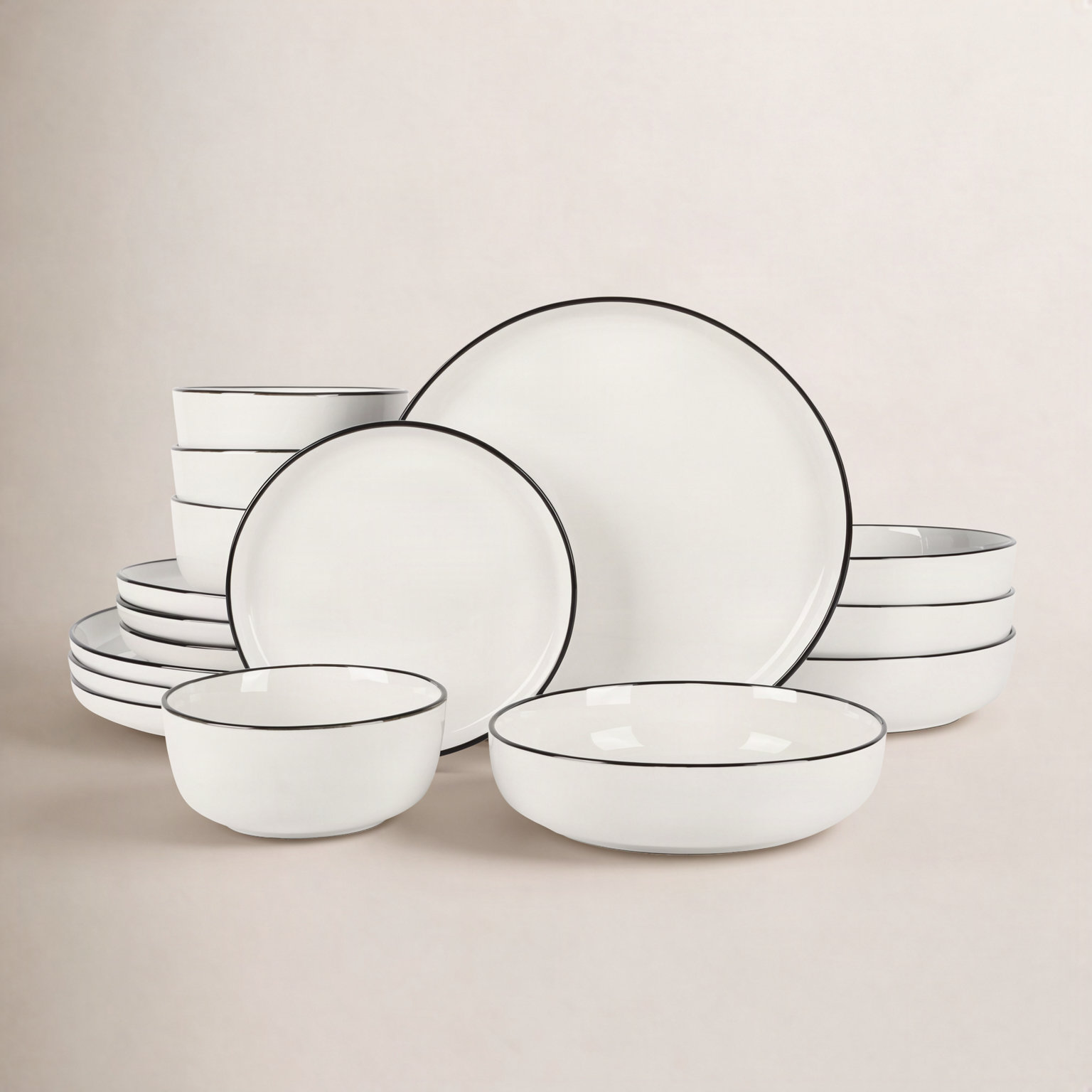 Oslo Porcelain Dinnerware Set, White/Black Rim