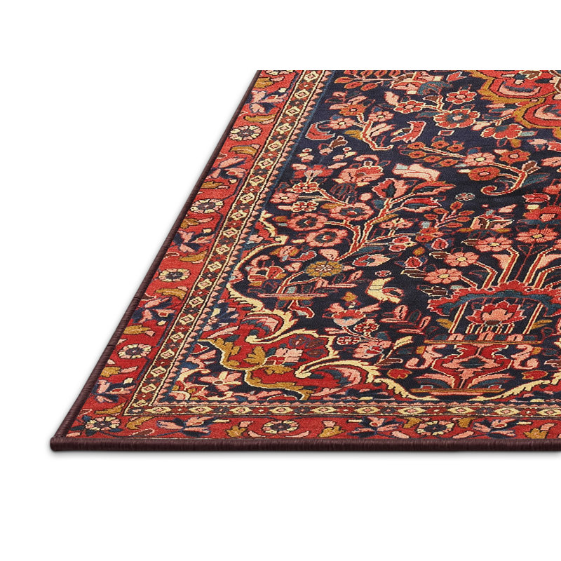 Tapis traditionnel bleu marine / rouge / jaune, Rectangle 6 pi x 9 pi